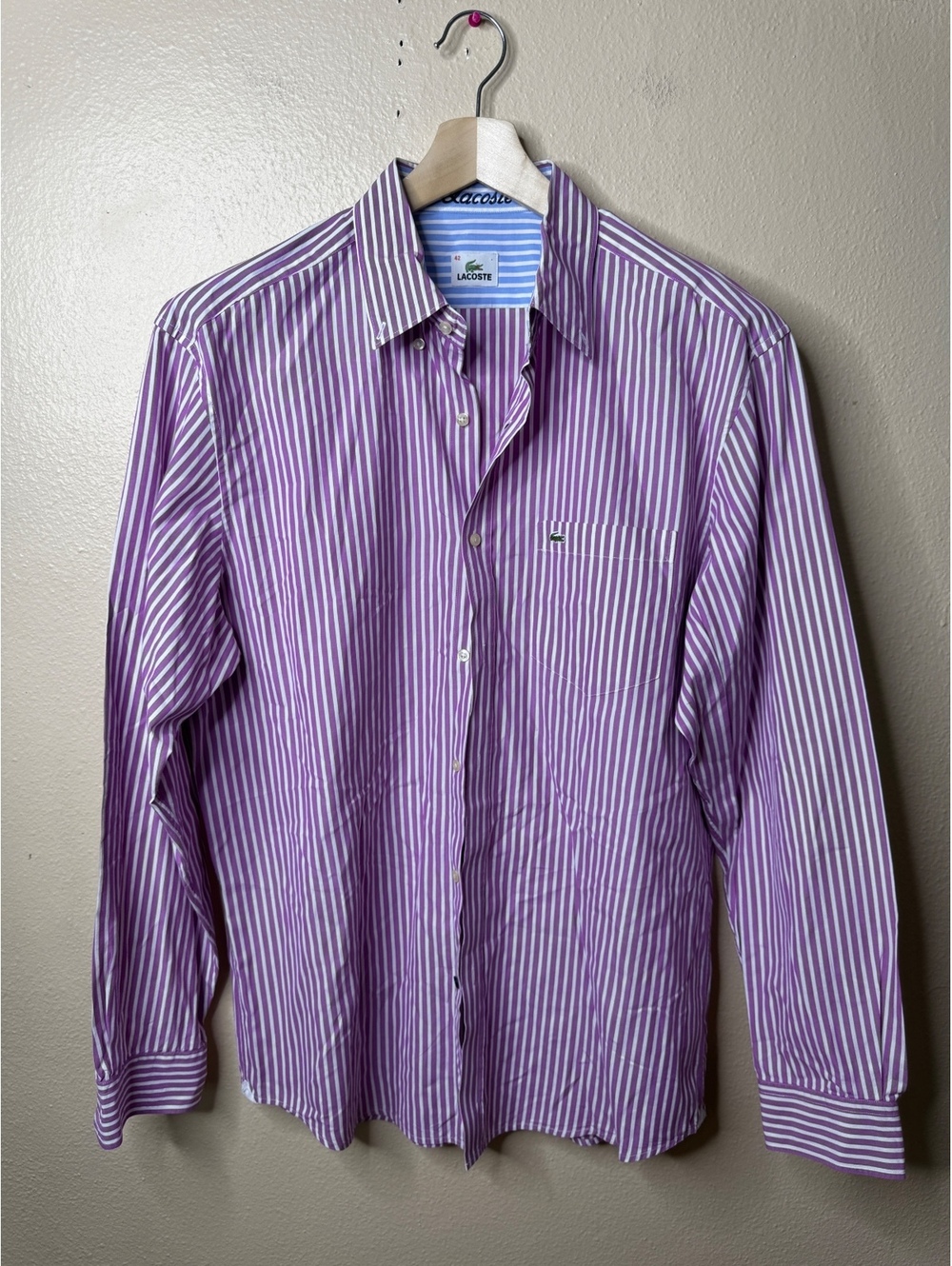Lacoste Button Up Shirt Men's 42 Purple & White Striped Long Sleeve Classic